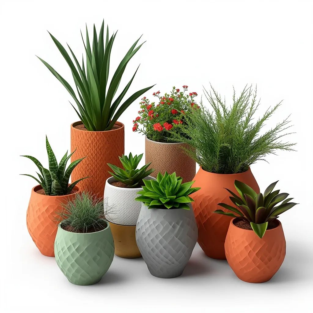 Collection of herb containers showing various plant arrangements
